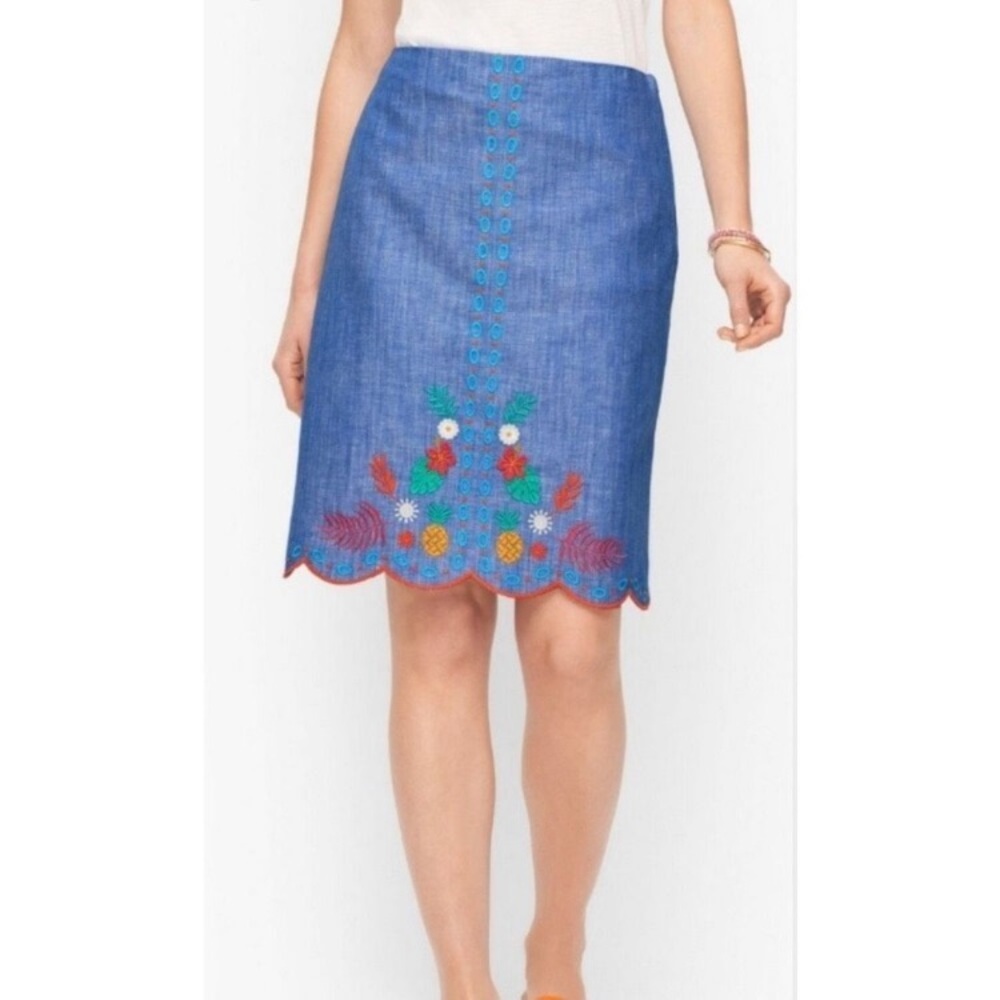 Talbots Blue 🍍🌸Embroidered A Line Scallop-Hem Linen Blend Midi Skirt Cottagecore